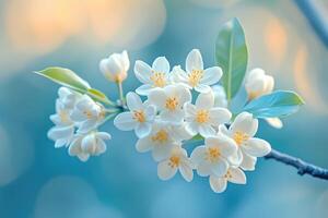 Fragrant white flowers blooming on a branch in spring photo
