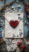 Old envelope sealed with red wax and decorated with dried flowers and lace photo