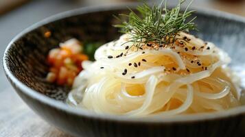 Spicy kimchi cabbage salad with sesame seeds and parsley in rustic bowl photo