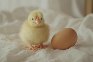 Baby chicken standing next to brown egg on white cloth photo