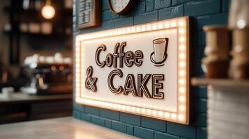 Illuminated coffee and cake sign hanging on a textured teal wall photo