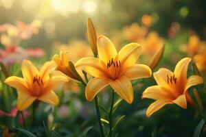 Yellow asiatic lilies are blooming in a garden under the warm sunlight photo