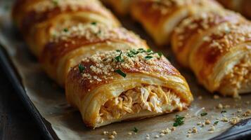 Delicious puff pastry rolls with chicken and cheese filling baking on a tray photo