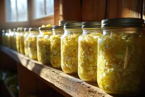 Preserving fresh vegetables, glass jars filled with napa cabbage on wooden shelf photo