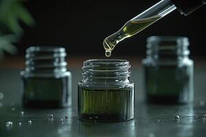 Pipette pouring green liquid into small glass jar for beauty products or medical use photo