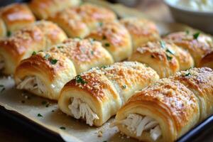 Delicious puff pastry bundles with chicken and cheese filling, sprinkled with grated parmesan and parsley photo