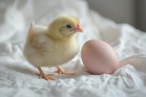 Newborn chicken standing next to a pink egg on white cloth photo