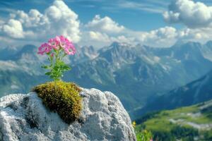 Pink flower growing on a rock in the mountains with a cloudy sky photo