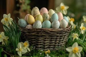 Easter eggs and daffodils celebrating the arrival of spring in a wicker basket photo