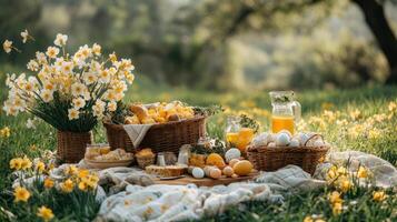 Easter picnic celebrating spring with baskets, eggs, and daffodils in nature photo