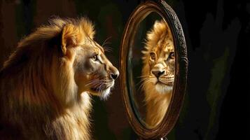 Lion observing its reflection in an ancient mirror in a dark environment photo