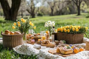 Easter picnic celebrating spring with daffodils, food, and colorful eggs in nature photo