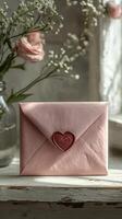 Pink envelope with heart representing love and affection surrounded by flowers photo