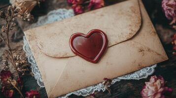 Old envelope sealed with red wax and heart stamp lying on wooden table photo