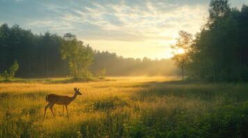 Wild deer walking in a meadow at sunrise near the forest photo