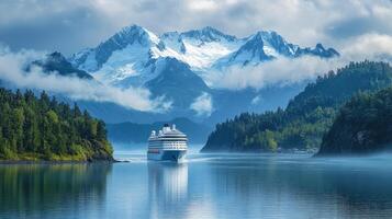 Cruise ship navigating alaskan waters with majestic snowy mountain peaks in the background photo