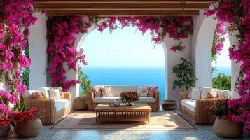 Bougainvillea decorating luxury patio overlooking tranquil ocean in positano photo