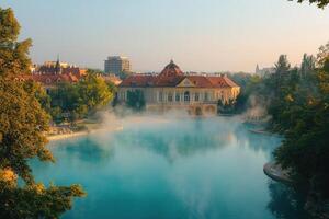 Lake steaming at dawn with tourists walking around the lake and trees reflecting in the turquoise water photo