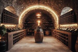 Wine cellar storing collection of vintage bottles displaying wealth and elegance photo
