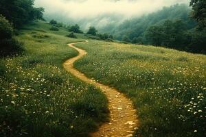 Winding path leading through a field of wildflowers in a misty mountain valley photo
