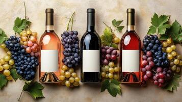 Wine bottles with blank labels displayed with fresh grapes photo
