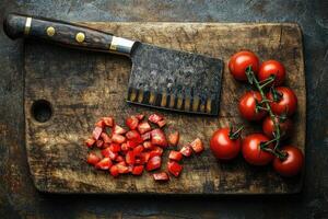 Chef chopping fresh tomatoes on rustic wooden cutting board photo