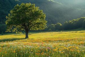 Lonely tree growing in a field of wildflowers with wooded hills in background photo