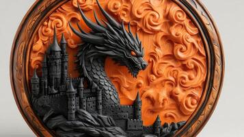 Mythical black dragon emerging from behind a dark castle carving photo