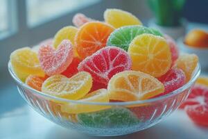 Colorful citrus shaped marmalade candies covered in sugar filling a glass bowl photo