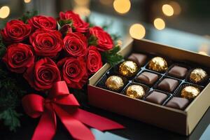 Bouquet of red roses and box of chocolates creating romantic atmosphere photo