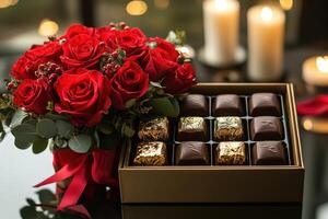 Bouquet of red roses and box of chocolates creating romantic atmosphere photo