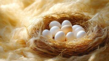 Chicken eggs resting in a cozy nest on soft golden fibers photo