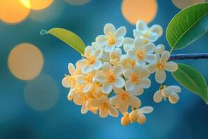 White flowers blooming on branch with bokeh background photo
