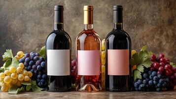 Wine bottles with blank labels displayed with fresh grapes photo