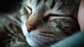 Tabby cat sleeping peacefully, close-up on nose and whiskers photo