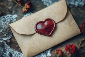 Heart-shaped wax seal securing envelope on rustic wooden table photo