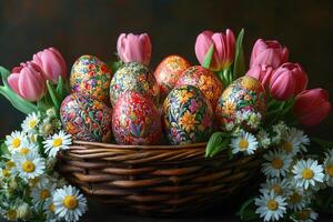 Easter eggs with floral decoration in wicker basket with tulips and daisies photo
