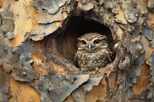 Spotted owlet resting in tree hollow, wildlife portrait photo