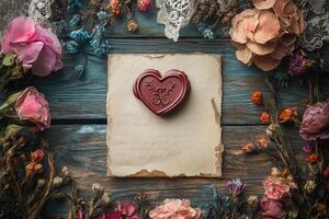 Old envelope sealed with heart-shaped wax on wooden table with dried flowers photo