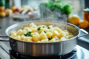 Chef cooking potatoes with parsley in a stainless steel pan photo