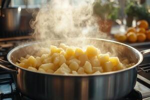Steaming potatoes cooking in a stainless steel pan on a stove photo