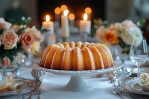 Delicious bundt cake displayed on elegant table setting with burning candles in background photo