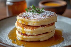 Stack of fluffy pancakes dripping with honey and icing sugar for a sweet breakfast photo