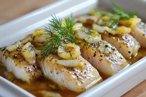 Delicious baked fish fillets with onions and dill in white ceramic dish photo