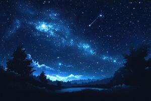 Shooting star flying over a lake at night with milky way and trees photo