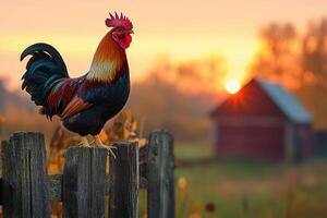 Colorful rooster crowing at sunrise on a fence in a farmyard photo