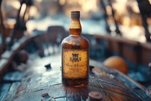 Old bottle of alcohol resting on a barrel on a ship deck in golden hour photo
