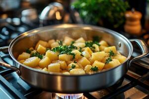 Steaming baby potatoes with thyme cooking on gas stovetop photo