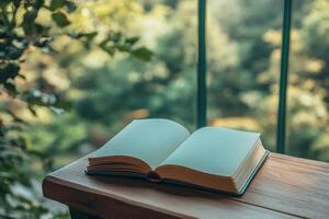 Open notebook lying on wooden table by window with garden view photo