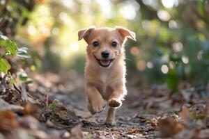 Happy puppy running on a path in the woods photo